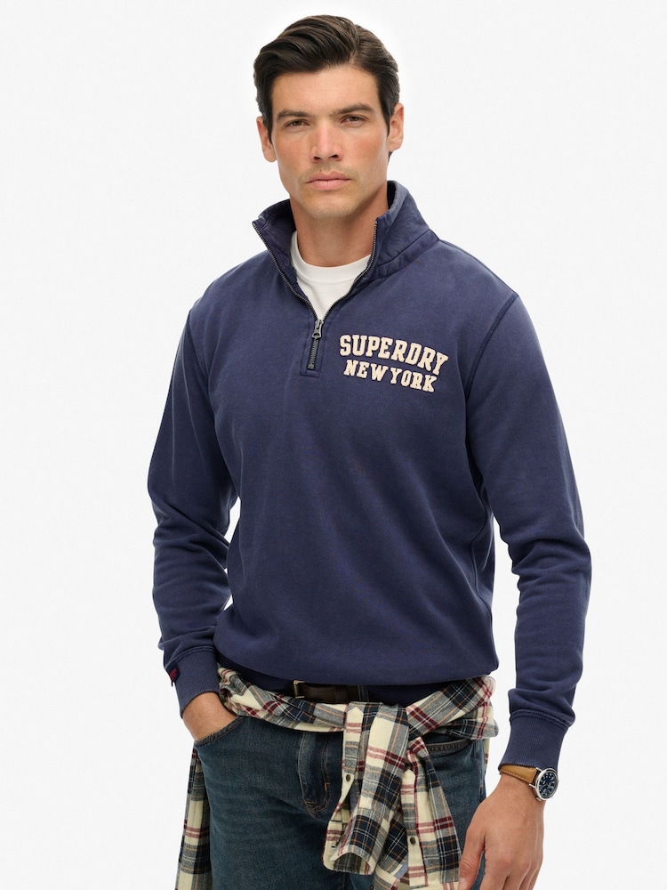 Superdry Blue Vintage Athletic Half-Zip Jumper - Image 1 of 6 Superdry Blue Vintage Athletic Half-Zip Jumper - Image 1 of 6