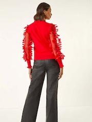 Roman Red Sheer Feather Sleeved Jumper - Image 3 of 5