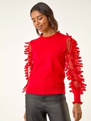 Roman Red Sheer Feather Sleeved Jumper - Image 4 of 5