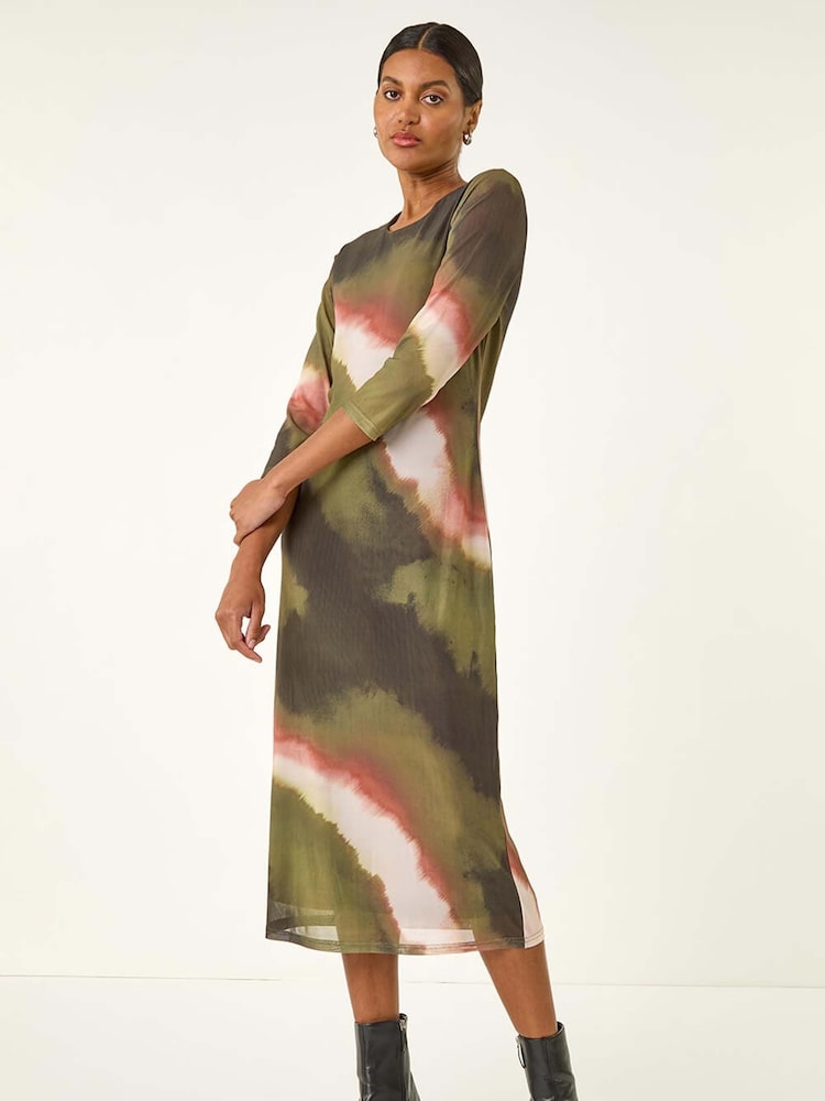Roman Green Abstract Print Mesh Stretch Midi Dress - Image 1 of 5 Roman Green Abstract Print Mesh Stretch Midi Dress - Image 1 of 5