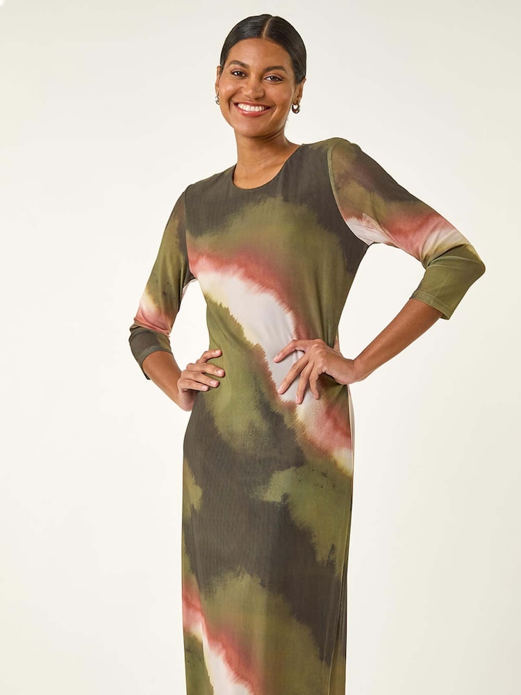 Roman Green Abstract Print Mesh Stretch Midi Dress - Image 2 of 5 Roman Green Abstract Print Mesh Stretch Midi Dress - Image 2 of 5