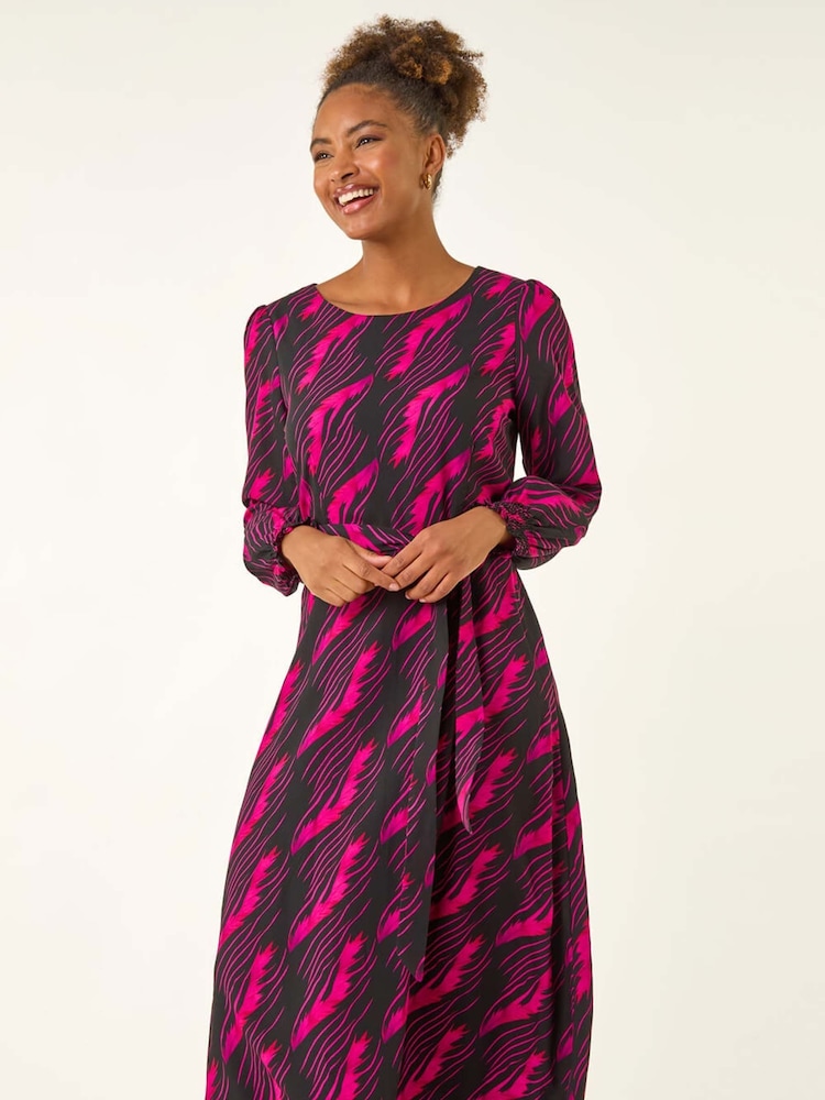 Roman Pink Abstract Feather Shirred Midi Dress - Image 1 of 5 Roman Pink Abstract Feather Shirred Midi Dress - Image 1 of 5