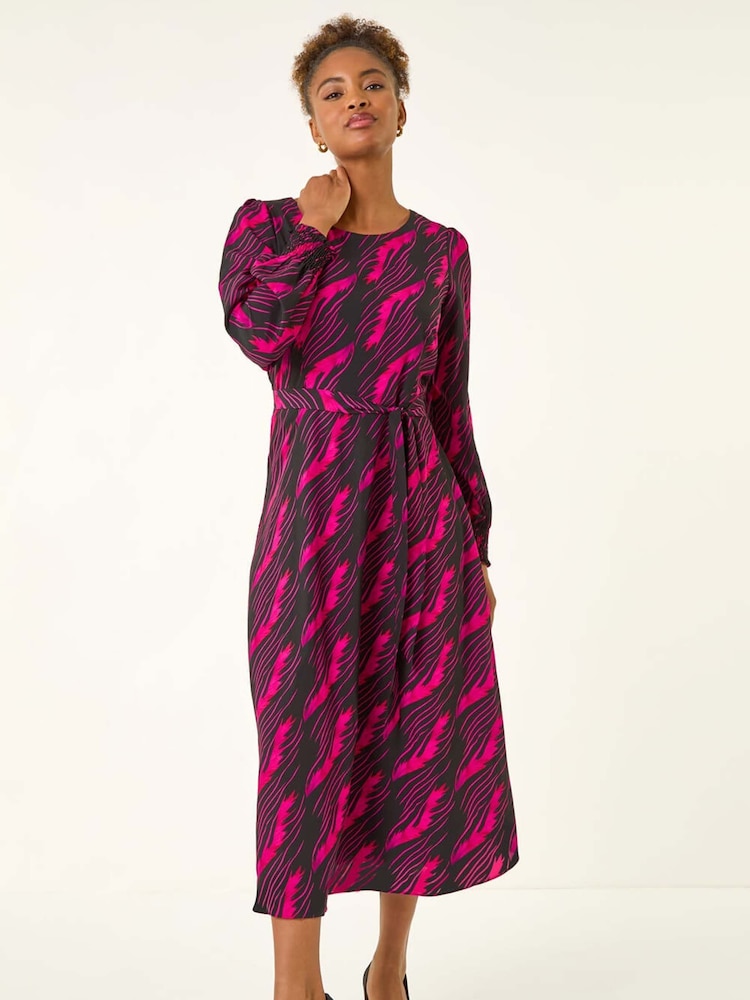 Roman Pink Abstract Feather Shirred Midi Dress - Image 2 of 5 Roman Pink Abstract Feather Shirred Midi Dress - Image 2 of 5