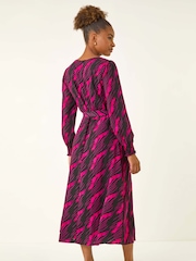 Roman Pink Abstract Feather Shirred Midi Dress - Image 3 of 5