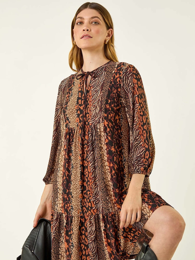 Roman Brown Abstract Print Smock Stretch Dress - Image 1 of 5 Roman Brown Abstract Print Smock Stretch Dress - Image 1 of 5