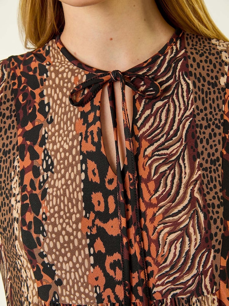 Roman Brown Abstract Print Smock Stretch Dress - Image 5 of 5 Roman Brown Abstract Print Smock Stretch Dress - Image 5 of 5