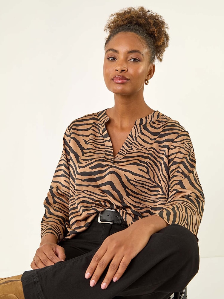 Roman Brown Animal Print V-Neck Shirt - Image 1 of 5