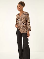 Roman Brown Animal Print V-Neck Shirt - Image 2 of 5