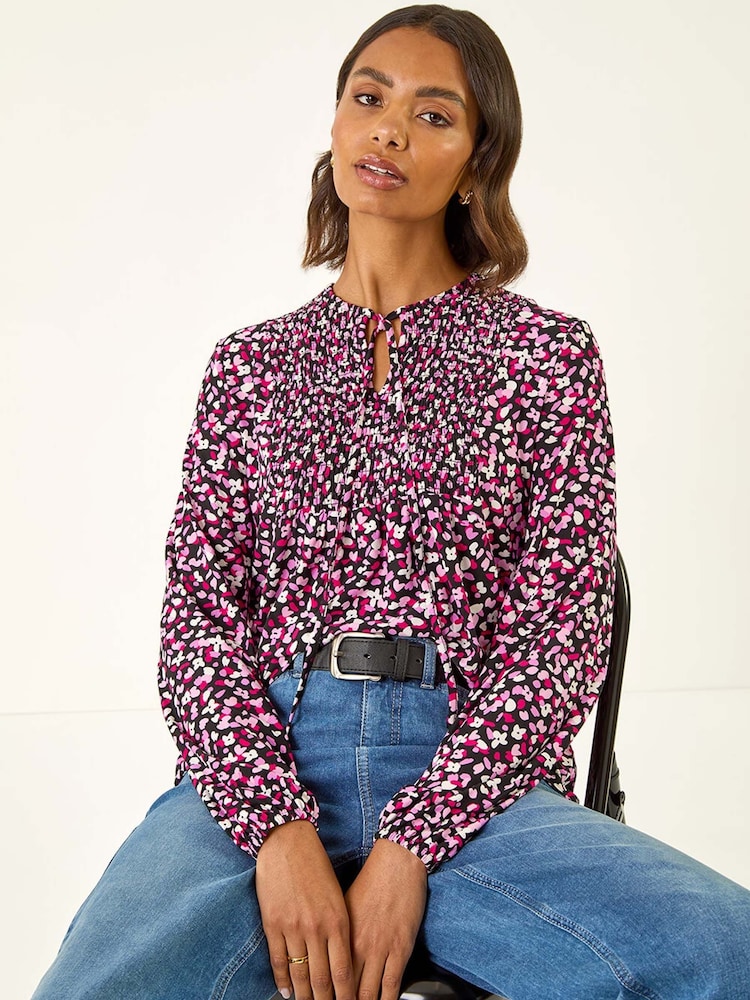 Roman Pink Printed Shirred Tie Neck Blouse - Image 1 of 5 Roman Pink Printed Shirred Tie Neck Blouse - Image 1 of 5