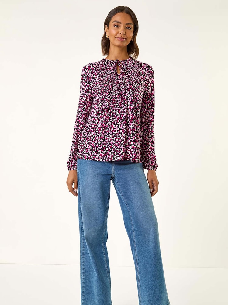 Roman Pink Printed Shirred Tie Neck Blouse - Image 2 of 5 Roman Pink Printed Shirred Tie Neck Blouse - Image 2 of 5