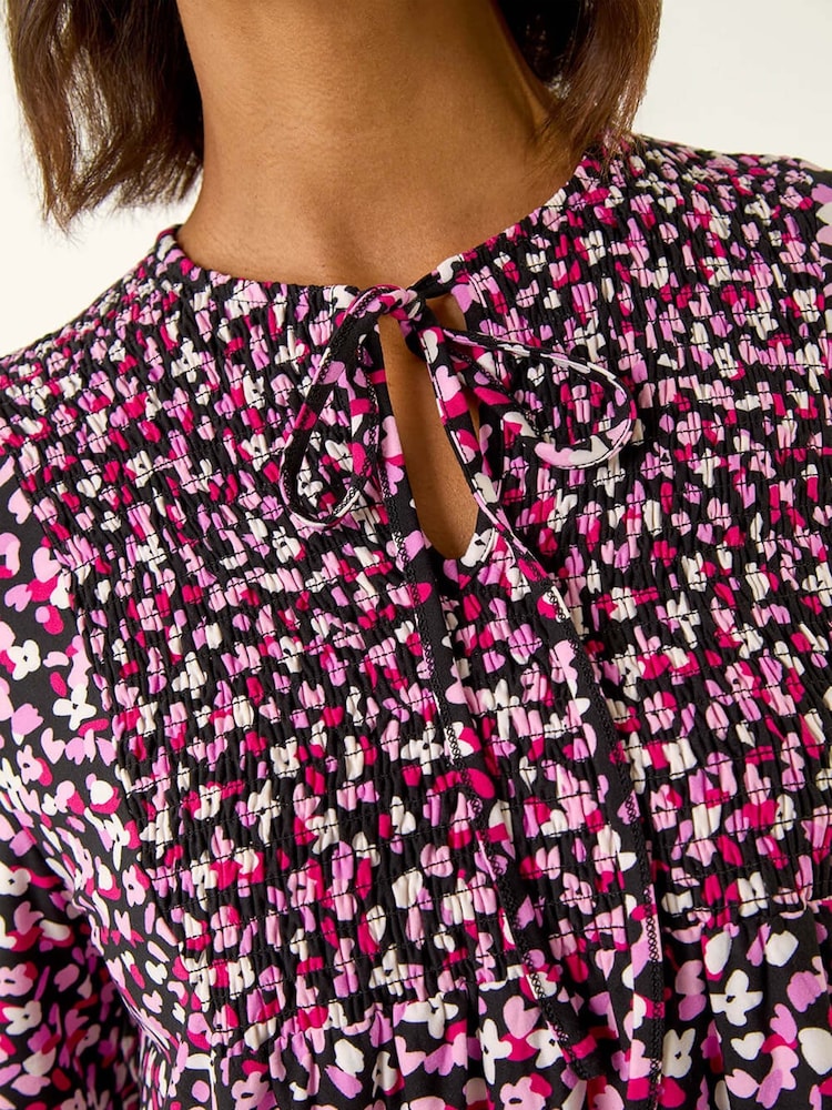 Roman Pink Printed Shirred Tie Neck Blouse - Image 5 of 5 Roman Pink Printed Shirred Tie Neck Blouse - Image 5 of 5