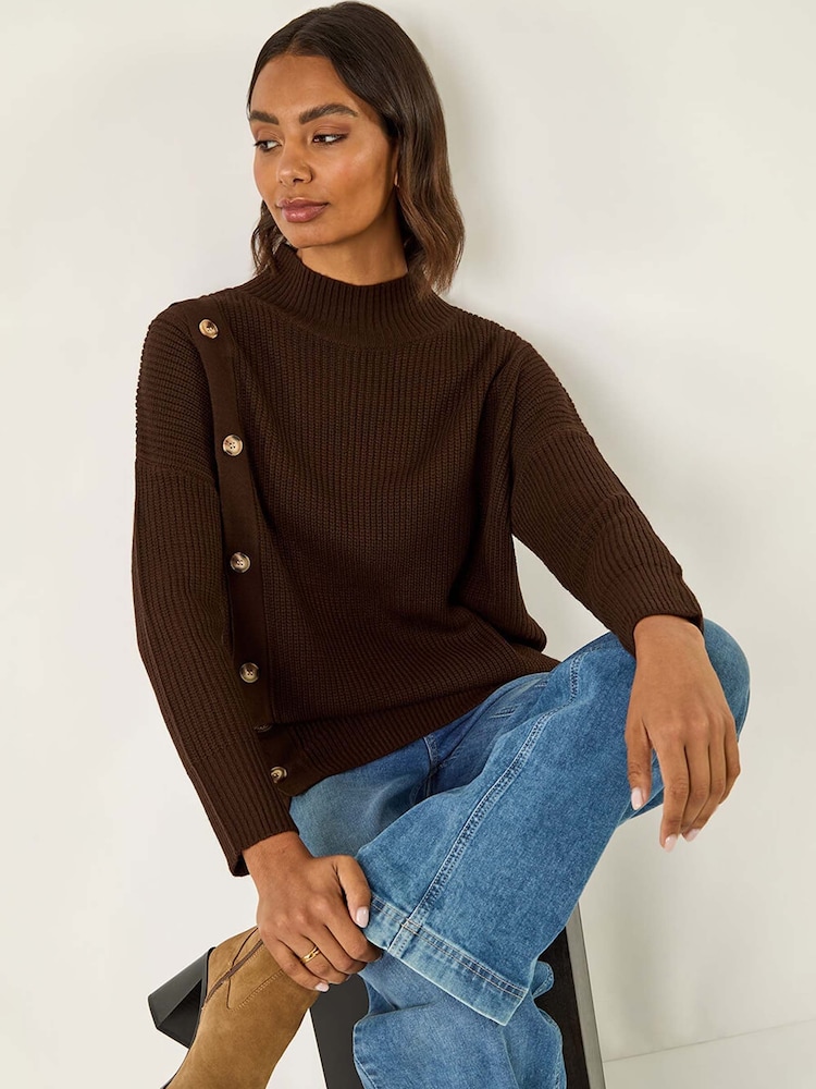 Roman Brown Side Buttoned Knit Jumper - Image 1 of 5 Roman Brown Side Buttoned Knit Jumper - Image 1 of 5
