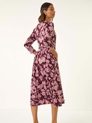 Roman Red Abstract Floral Wrap Midi Dress - Image 3 of 5