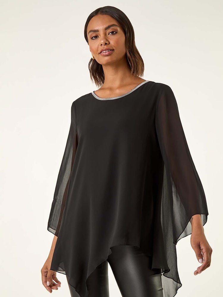 Roman Black Diamante Asymmetric Chiffon Tunic Top - Image 1 of 5 Roman Black Diamante Asymmetric Chiffon Tunic Top - Image 1 of 5