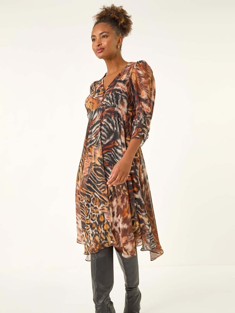 Roman Brown Animal Print Hanky Hem Dress - Image 1 of 5 Roman Brown Animal Print Hanky Hem Dress - Image 1 of 5