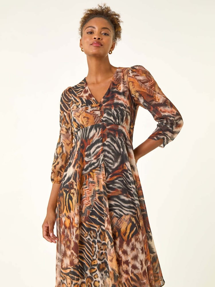 Roman Brown Animal Print Hanky Hem Dress - Image 2 of 5 Roman Brown Animal Print Hanky Hem Dress - Image 2 of 5