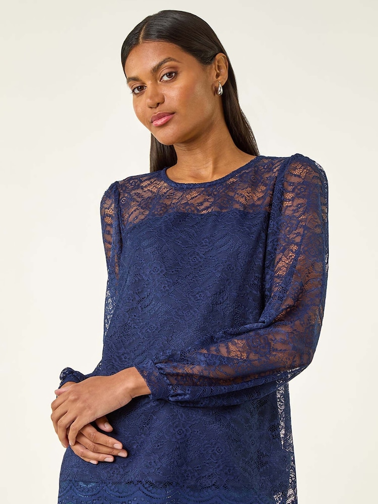 Roman Blue Lace Jersey Stretch Blouse - Image 1 of 5 Roman Blue Lace Jersey Stretch Blouse - Image 1 of 5