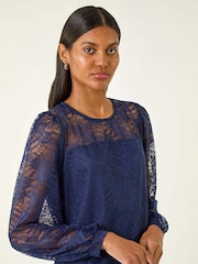 Roman Blue Lace Jersey Stretch Blouse - Image 2 of 5