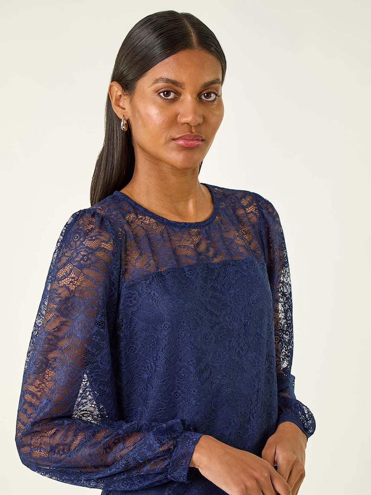 Roman Blue Lace Jersey Stretch Blouse - Image 2 of 5 Roman Blue Lace Jersey Stretch Blouse - Image 2 of 5