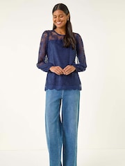 Roman Blue Lace Jersey Stretch Blouse - Image 3 of 5