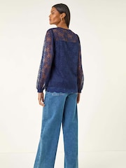 Roman Blue Lace Jersey Stretch Blouse - Image 4 of 5