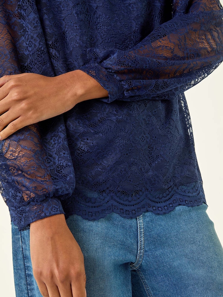 Roman Blue Lace Jersey Stretch Blouse - Image 5 of 5