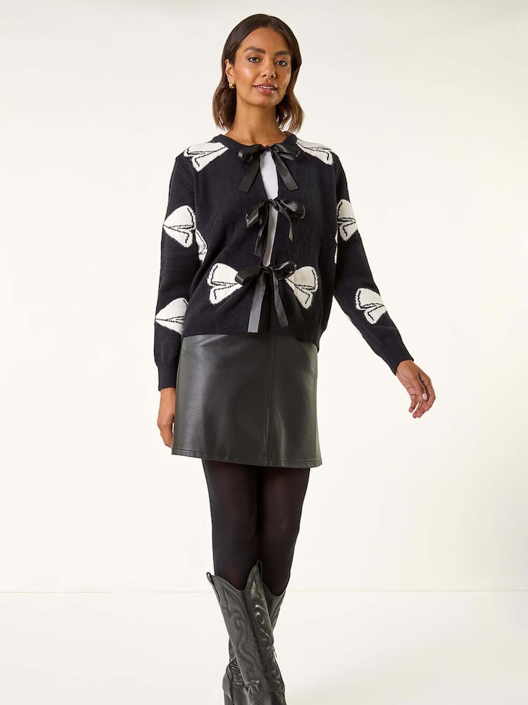 Roman Black Bow Tie Front Knit Blouse - Image 2 of 5 Roman Black Bow Tie Front Knit Blouse - Image 2 of 5