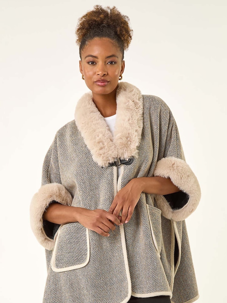 Roman Grey Faux Fur Pocket Poncho - Image 1 of 5 Roman Grey Faux Fur Pocket Poncho - Image 1 of 5