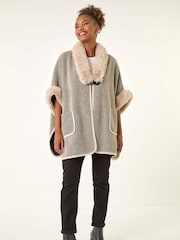 Roman Grey Faux Fur Pocket Poncho - Image 2 of 5