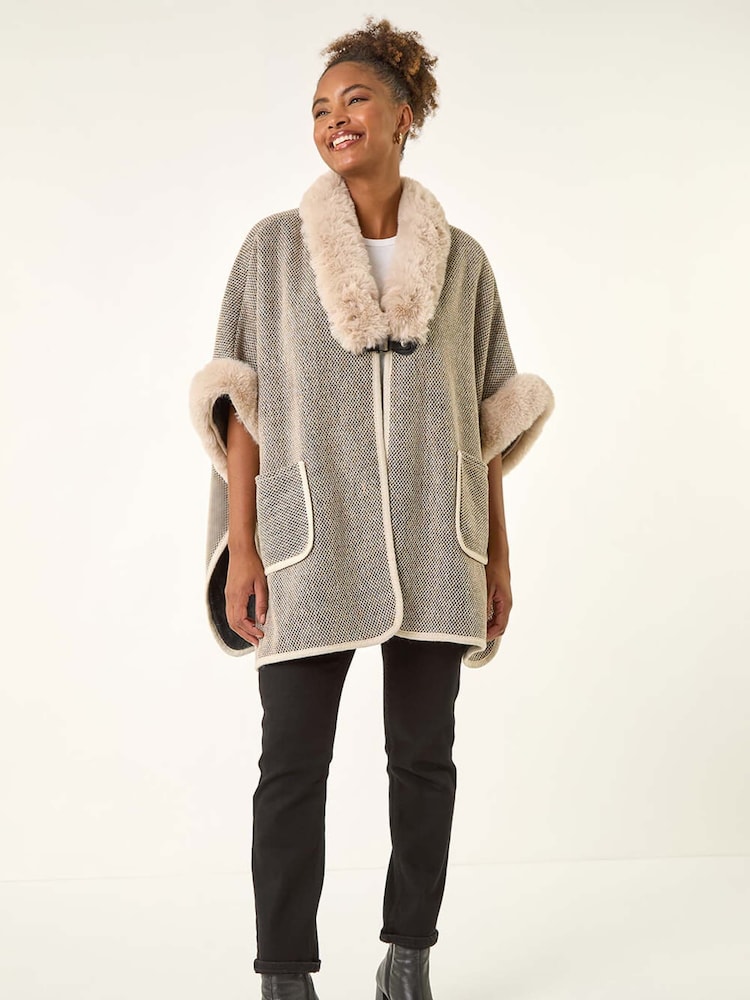 Roman Grey Faux Fur Pocket Poncho - Image 2 of 5 Roman Grey Faux Fur Pocket Poncho - Image 2 of 5