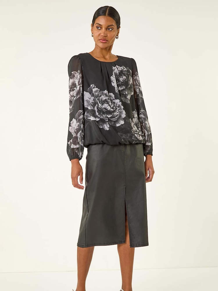 Roman Grey Floral Print Sequin Blouse - Image 2 of 5 Roman Grey Floral Print Sequin Blouse - Image 2 of 5