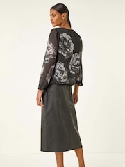 Roman Grey Floral Print Sequin Blouse - Image 3 of 5