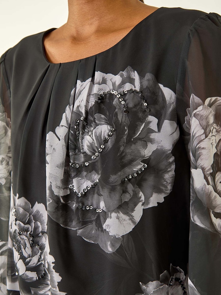 Roman Grey Floral Print Sequin Blouse - Image 5 of 5 Roman Grey Floral Print Sequin Blouse - Image 5 of 5