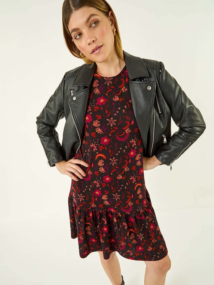 Roman Red Floral Print A-Line Stretch Dress - Image 1 of 5 Roman Red Floral Print A-Line Stretch Dress - Image 1 of 5