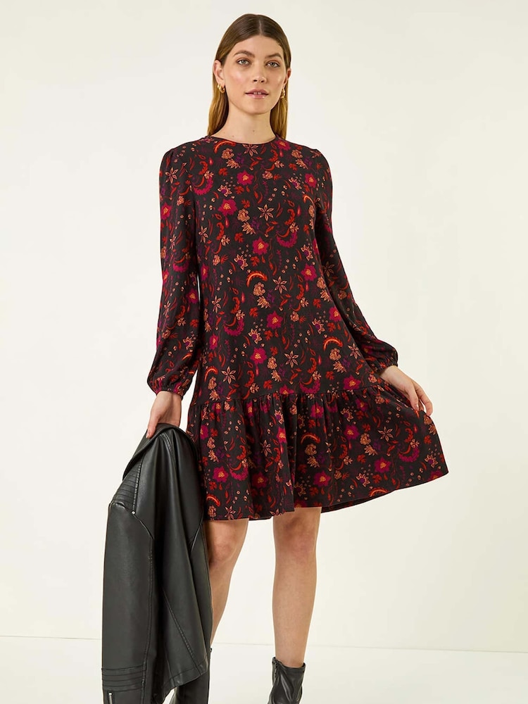 Roman Red Floral Print A-Line Stretch Dress - Image 2 of 5 Roman Red Floral Print A-Line Stretch Dress - Image 2 of 5
