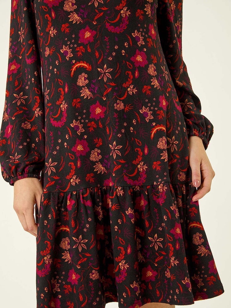 Roman Red Floral Print A-Line Stretch Dress - Image 5 of 5 Roman Red Floral Print A-Line Stretch Dress - Image 5 of 5