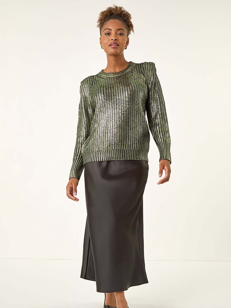 Roman Green Metallic Crew Neck Knit Jumper - Image 1 of 5 Roman Green Metallic Crew Neck Knit Jumper - Image 1 of 5