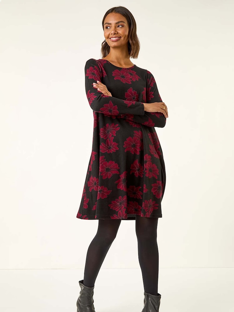 Roman Black Floral Print Stretch Swing Dress - Image 1 of 5
