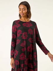 Roman Black Floral Print Stretch Swing Dress - Image 2 of 5
