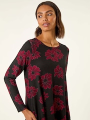 Roman Black Floral Print Stretch Swing Dress - Image 4 of 5