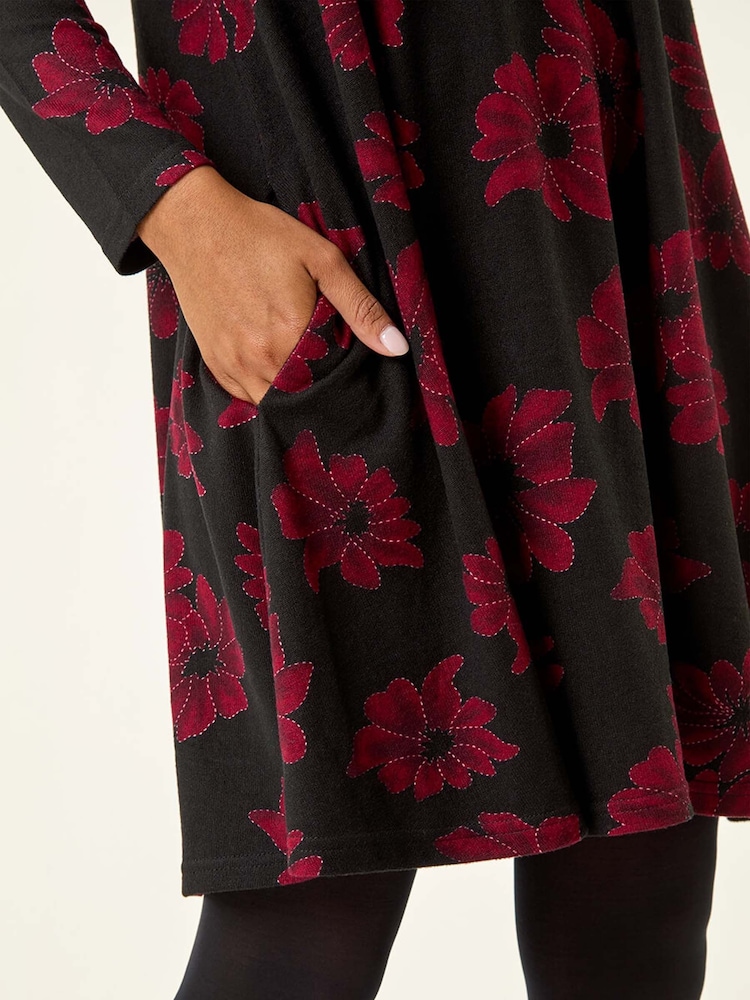 Roman Black Floral Print Stretch Swing Dress - Image 5 of 5 Roman Black Floral Print Stretch Swing Dress - Image 5 of 5