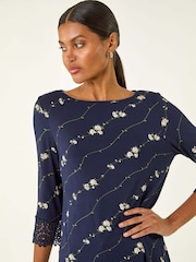 Roman Blue Printed Lace Cuff Stretch Blouse - Image 1 of 5
