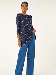 Roman Blue Printed Lace Cuff Stretch Blouse - Image 2 of 5