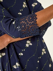 Roman Blue Printed Lace Cuff Stretch Blouse - Image 5 of 5