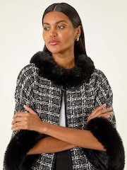Roman Black Faux Fur Jacquard Knit Poncho - Image 1 of 5