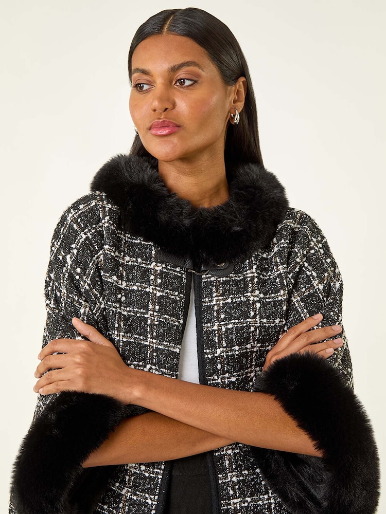 Roman Black Faux Fur Jacquard Knit Poncho - Image 1 of 5