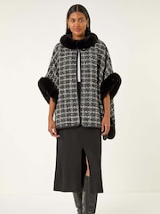 Roman Black Faux Fur Jacquard Knit Poncho - Image 2 of 5