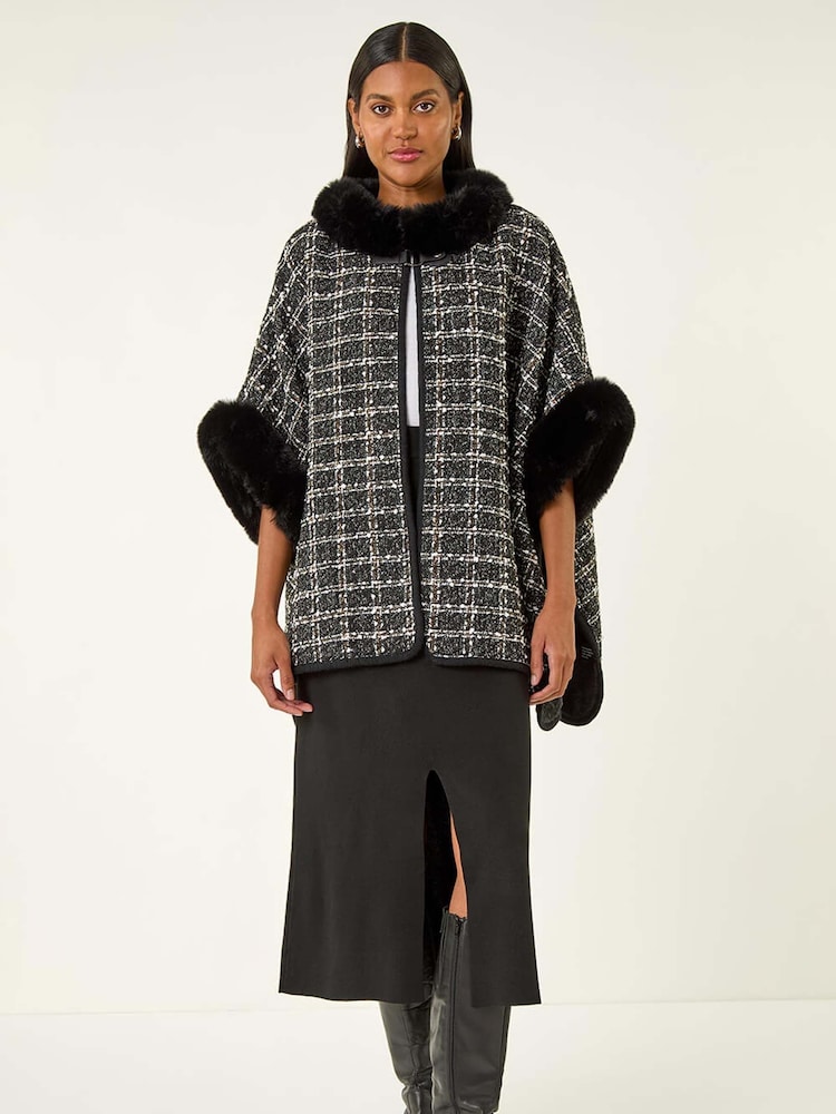 Roman Black Faux Fur Jacquard Knit Poncho - Image 2 of 5 Roman Black Faux Fur Jacquard Knit Poncho - Image 2 of 5