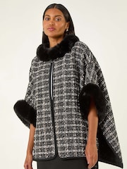 Roman Black Faux Fur Jacquard Knit Poncho - Image 4 of 5