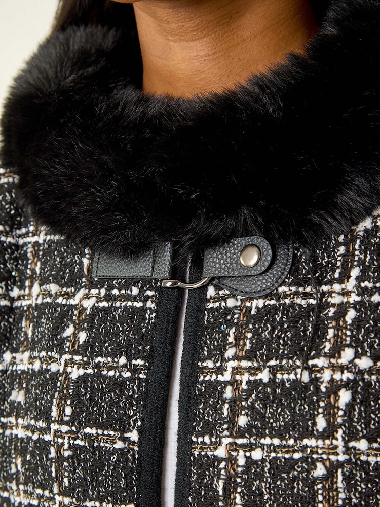 Roman Black Faux Fur Jacquard Knit Poncho - Image 5 of 5 Roman Black Faux Fur Jacquard Knit Poncho - Image 5 of 5